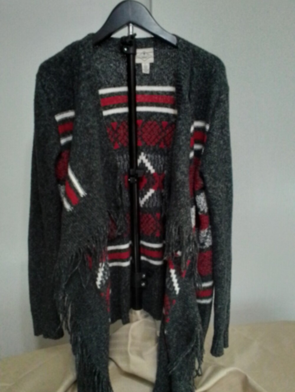 St. John's Bay Charcoal Open-Front Cardigan with Red and White Patterning